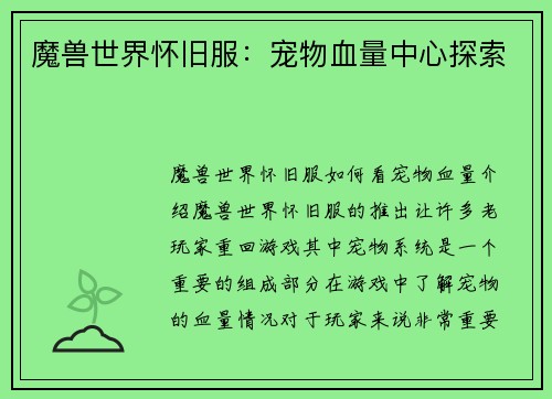 魔兽世界怀旧服：宠物血量中心探索